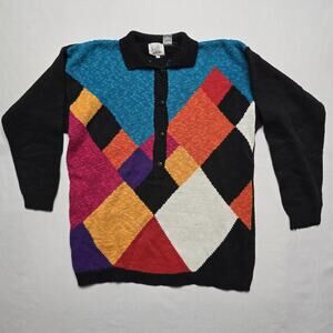 Vintage Knit deVille Sweater Medium Argyle Geometric Colorblock Pullover 90s